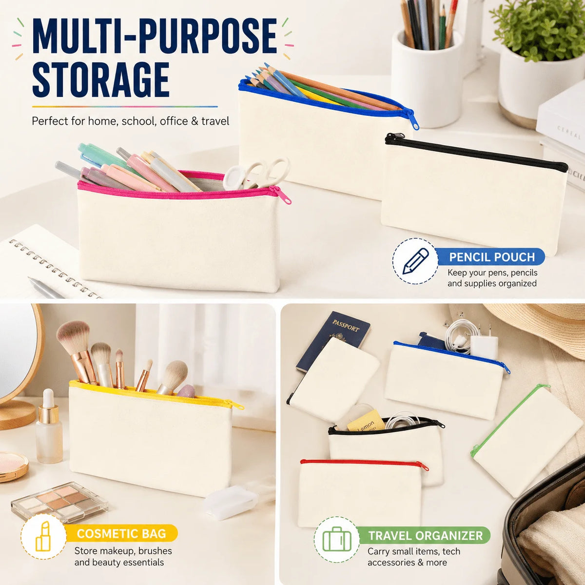 Trousse fermeture éclair vierge sublimation 21x12 cm – Lot de 6 ou 12