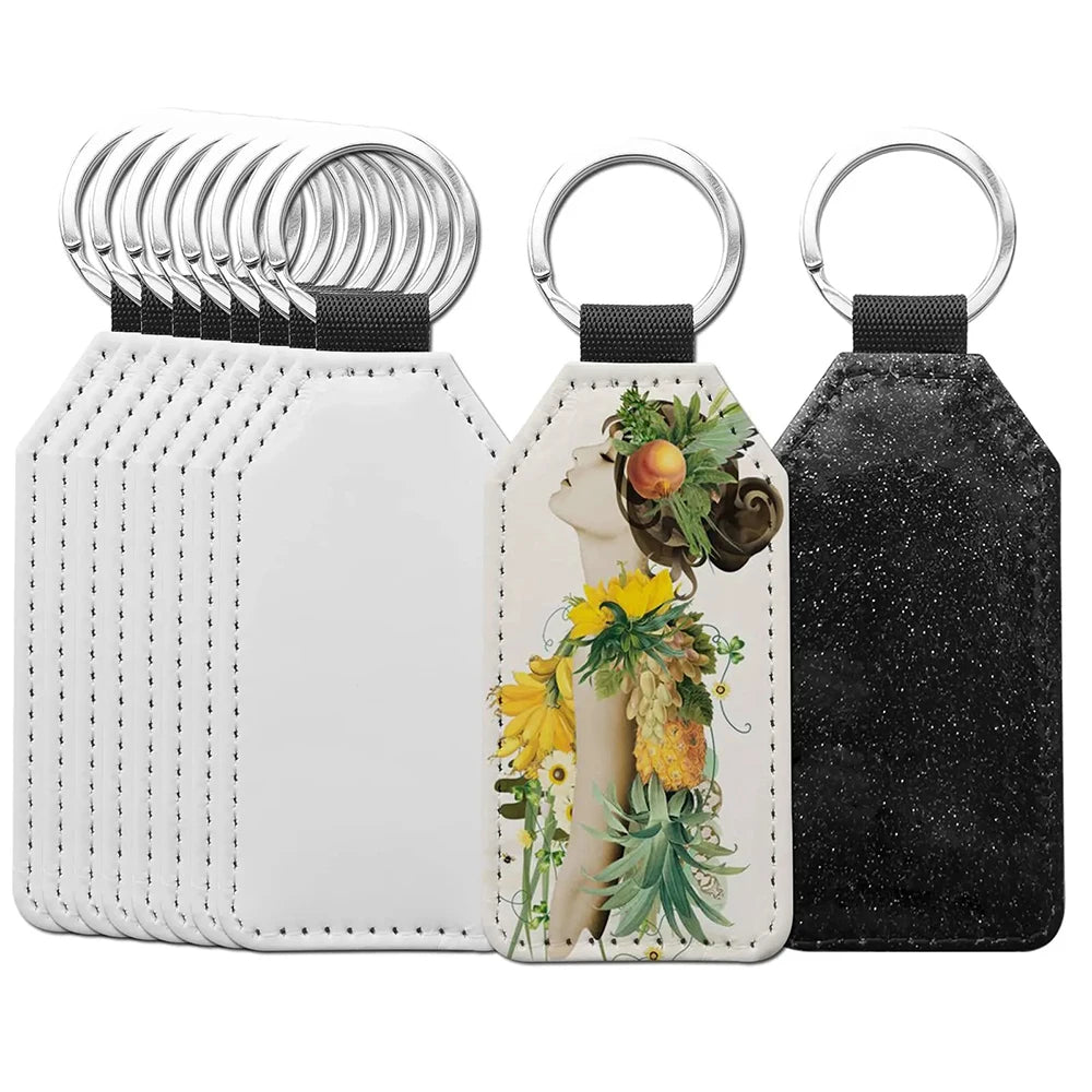 Porte-clés vierges sublimation cuir PU – Rectangle ou cœur – Lot de 10