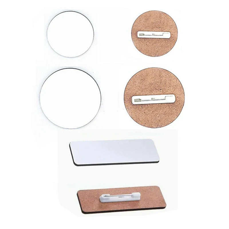 Badges personnalisables MDF sublimation – Ronds et rectangulaires – Lot de 20